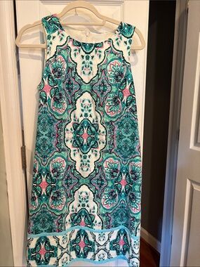 London Times Sleeveless Teal and Pink Patterned Shift Dress